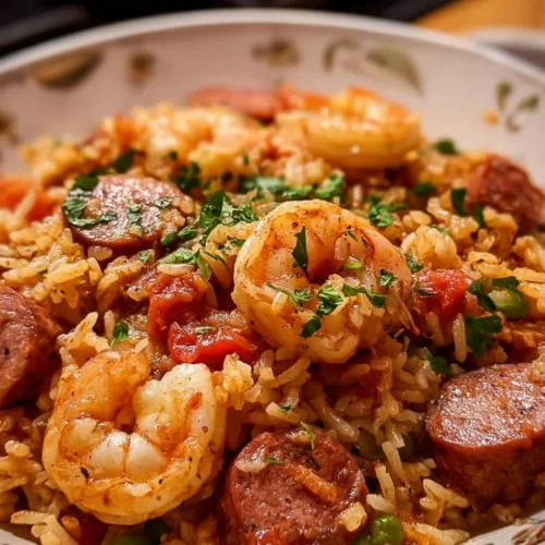Delicious One Pot Shrimp and Sausage Jambalaya served in a bowl