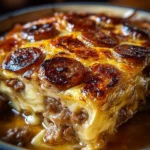 Delicious pancake sausage casserole ready to serve on a brunch table