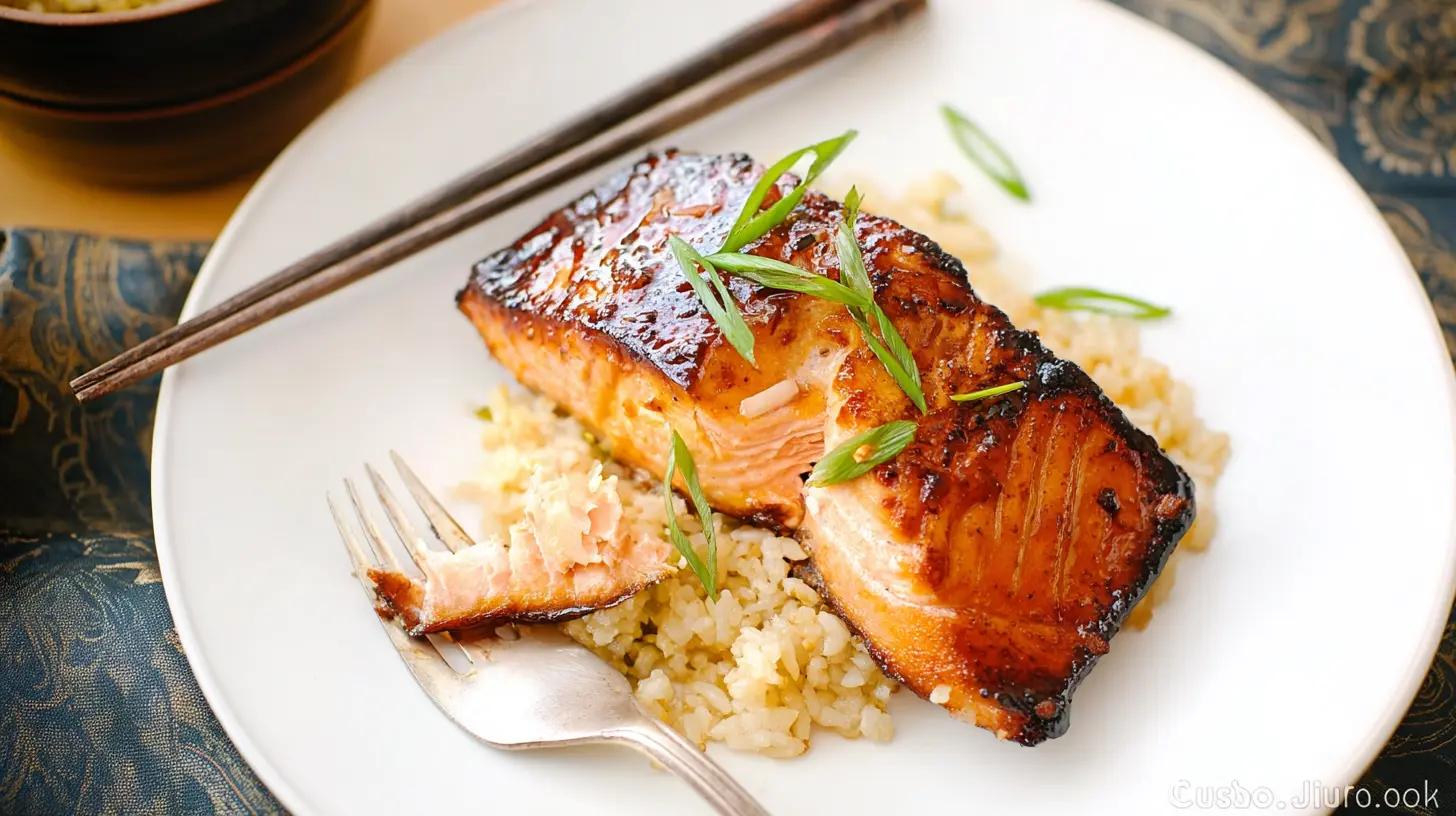 Close-up of a perfectly cooked miso salmon with a glossy glaze.