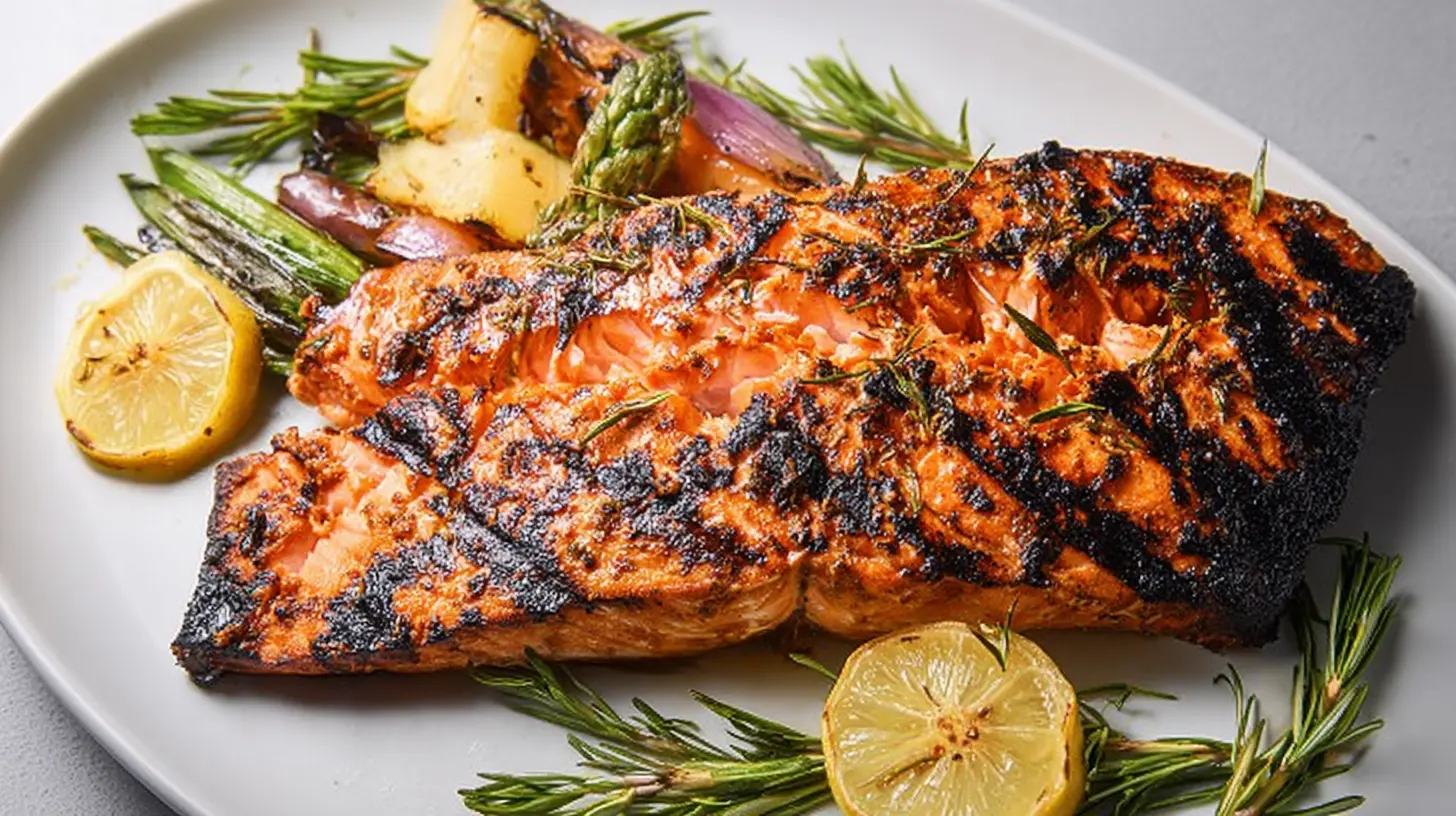 Close-up of a flaky, cooked grilled salmon fillet on a plate, representing culinary bliss.