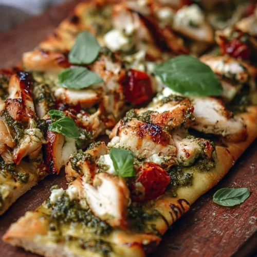 Pesto chicken flatbread topped with fresh ingredients ready for dinner.