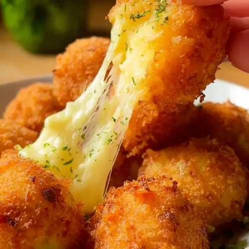 A close-up of golden-brown potato cheese balls on a serving plate.