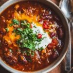 Bowl of spicy Pumpkin Chili garnished with cilantro and served with bread