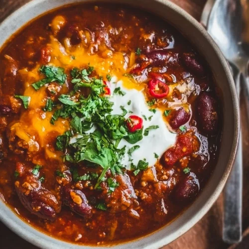 Bowl of spicy Pumpkin Chili garnished with cilantro and served with bread
