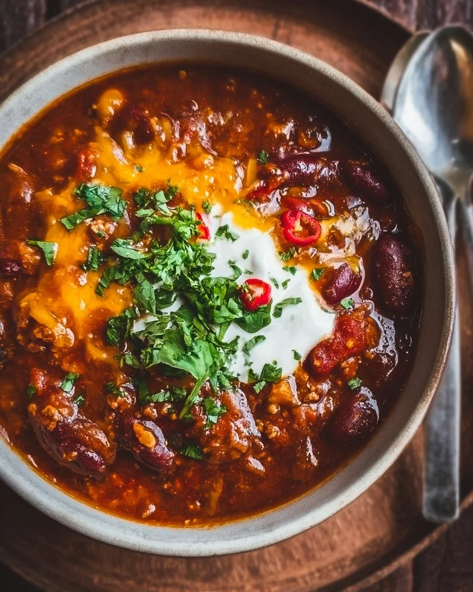 Bowl of spicy Pumpkin Chili garnished with cilantro and served with bread