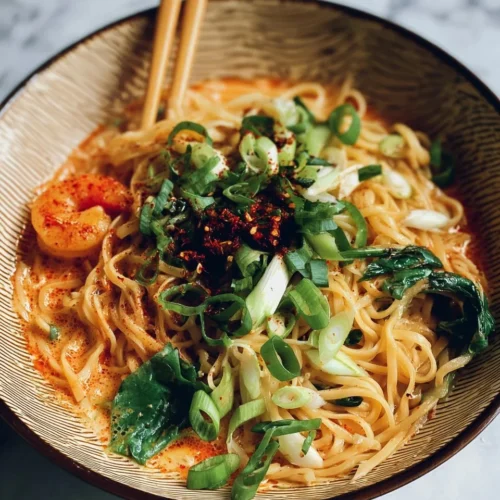 Delicious quick spicy coconut noodles topped with fresh herbs and spices.