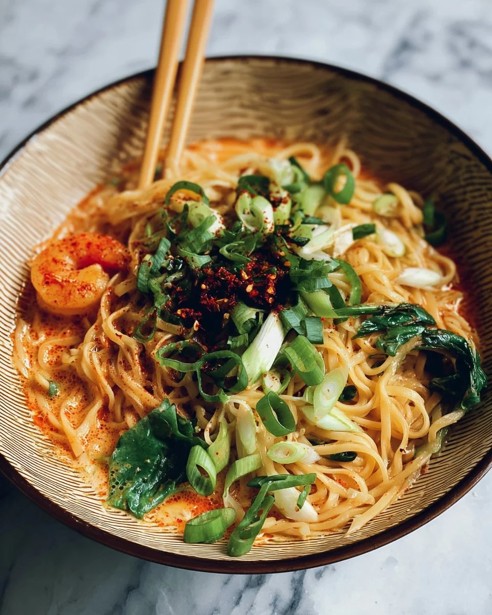 Delicious quick spicy coconut noodles topped with fresh herbs and spices.