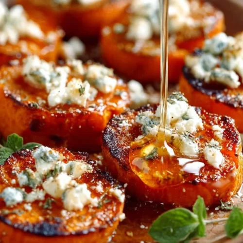 Roasted sweet potato rounds with honey drizzle and crumbled feta cheese