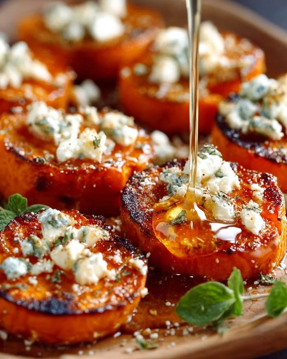Roasted sweet potato rounds with honey drizzle and crumbled feta cheese