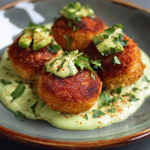 Crispy salmon balls served with creamy avocado sauce on a plate