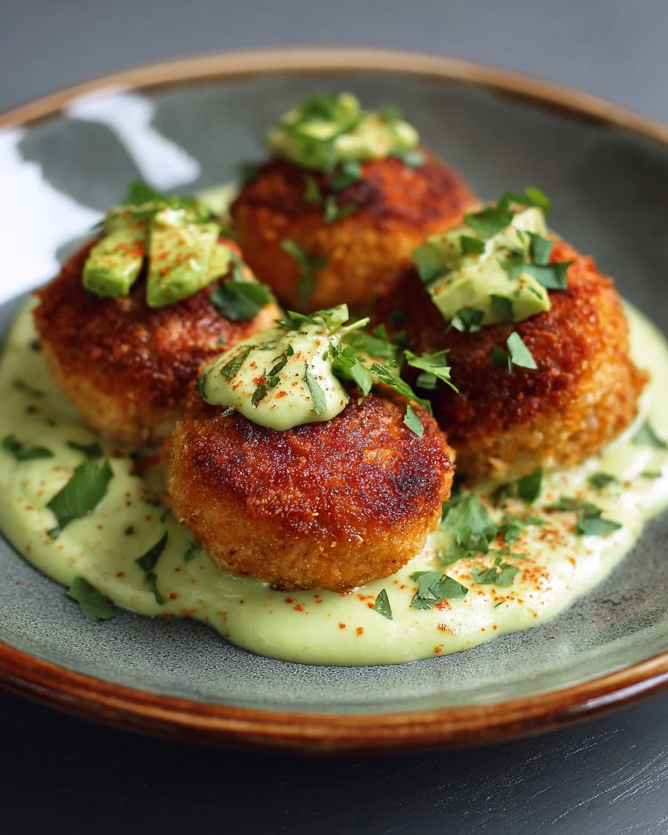 Crispy salmon balls served with creamy avocado sauce on a plate