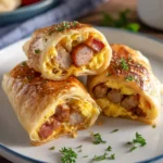 Delicious sausage egg breakfast roll-ups on a plate ready to enjoy.