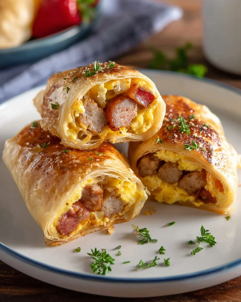 Delicious sausage egg breakfast roll-ups on a plate ready to enjoy.