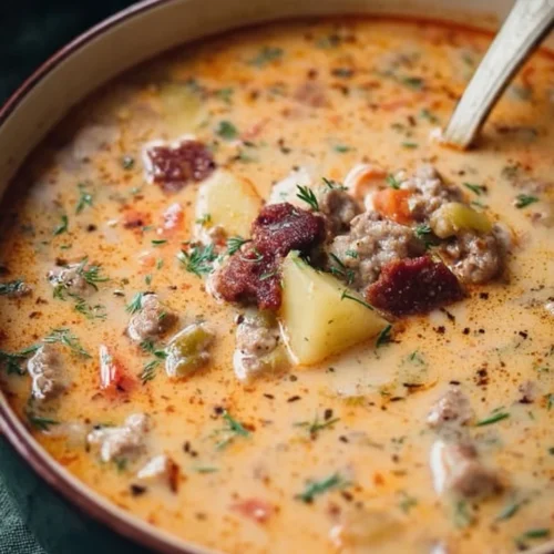 Bowl of hearty sausage potato soup with vegetables