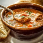 Bowl of hearty sausage soup with vegetables and herbs