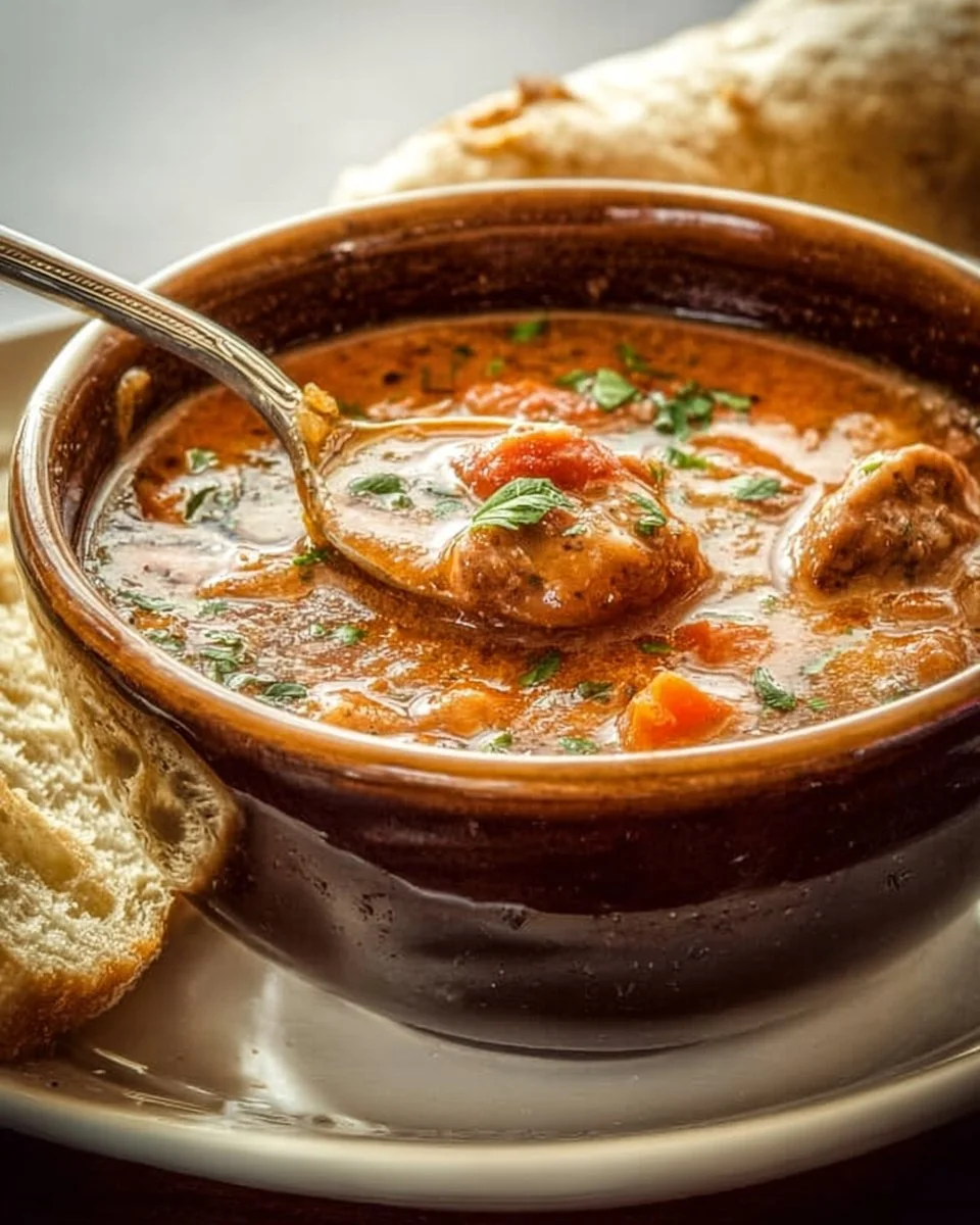 Bowl of hearty sausage soup with vegetables and herbs