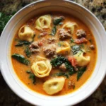 Bowl of Sausage Tortellini Soup with Spinach garnished with herbs