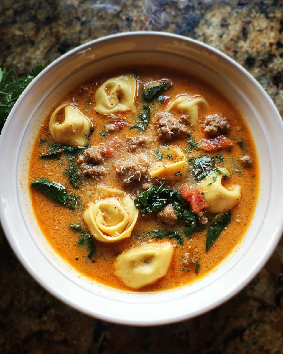 Bowl of Sausage Tortellini Soup with Spinach garnished with herbs
