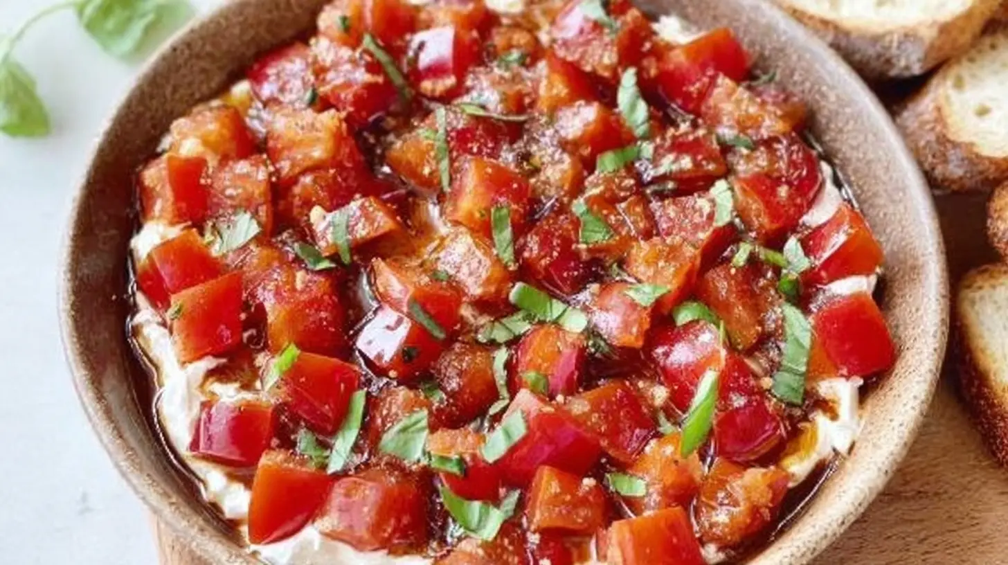 Close-up of a chunky bruschetta dip, perfect for dipping various appetizers.