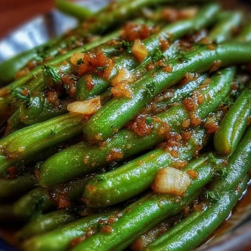 Delicious garlic butter green beans served as a side dish