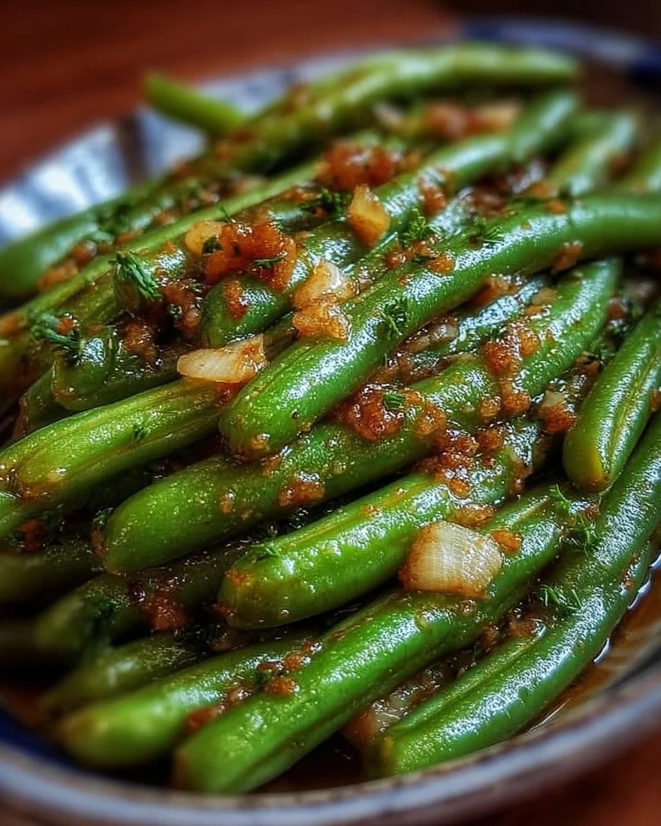 Delicious garlic butter green beans served as a side dish