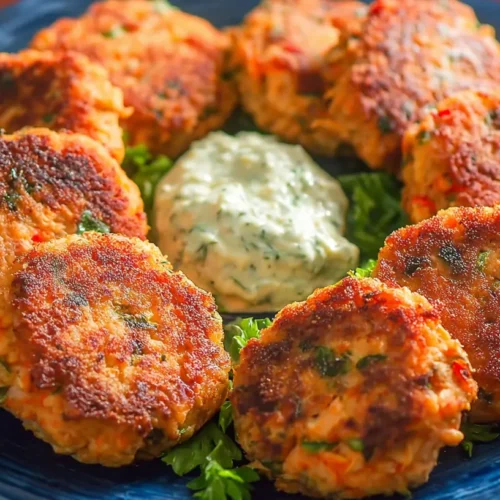A plate of golden brown salmon cakes with fresh dill garnish