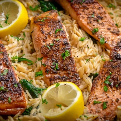 A close-up of seared salmon served with bright zesty lemon orzo.