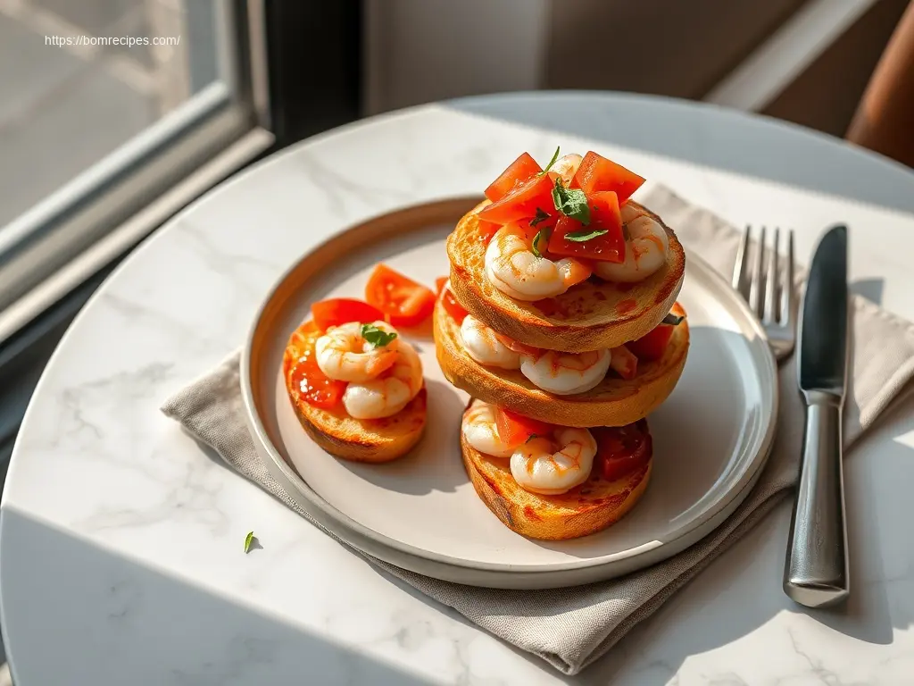 Delicious Shrimp Bruschetta with Tomato & Basil on a white table