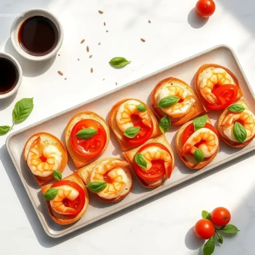 Delicious Shrimp Bruschetta with Tomato & Basil on a white table