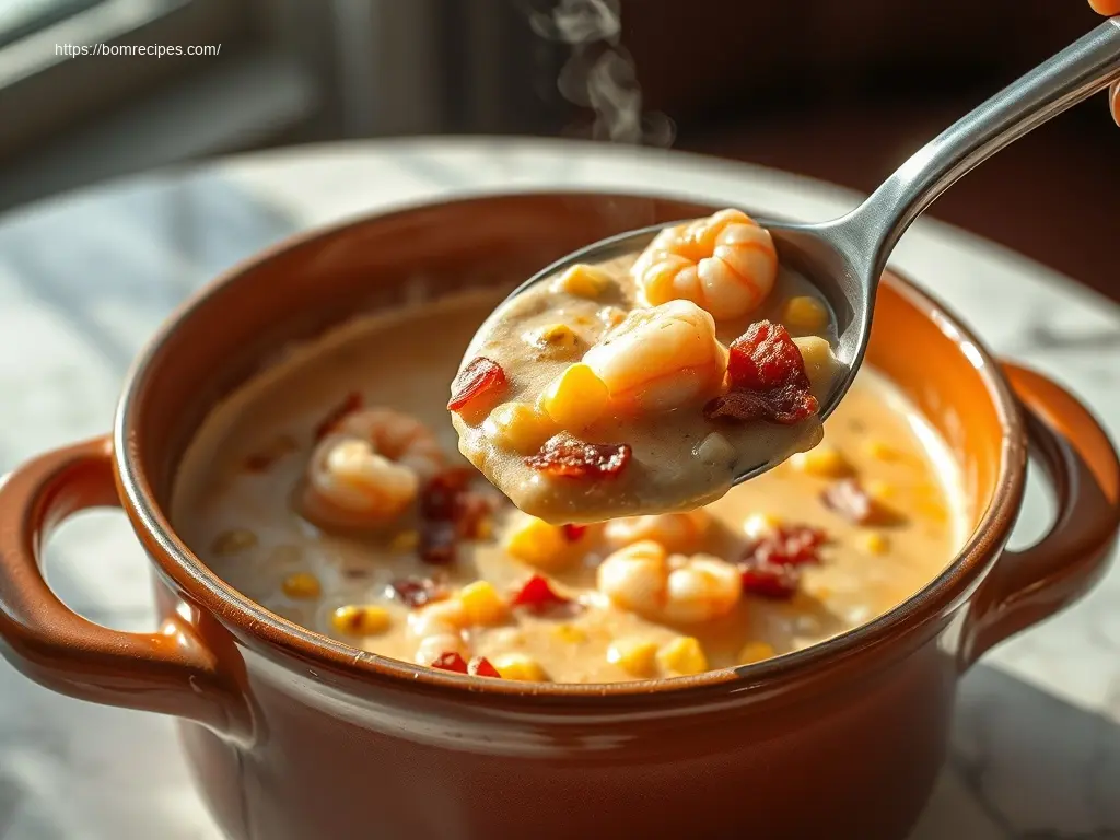 Delicious shrimp corn chowder with crispy bacon