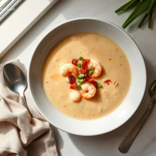 Delicious shrimp corn chowder with crispy bacon