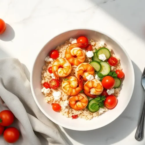 Delicious Shrimp and Couscous Mediterranean Bowl overhead