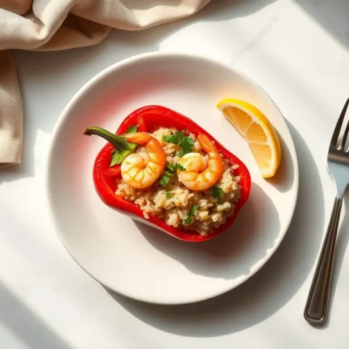 Delicious shrimp and wild rice stuffed pepper dinner