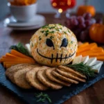 Skellington cheese ball appetizer served on a platter for Halloween