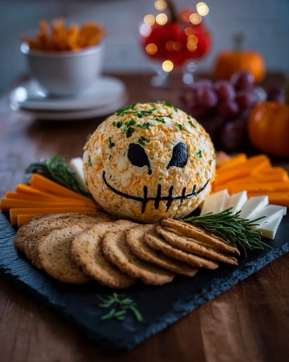 Skellington cheese ball appetizer served on a platter for Halloween
