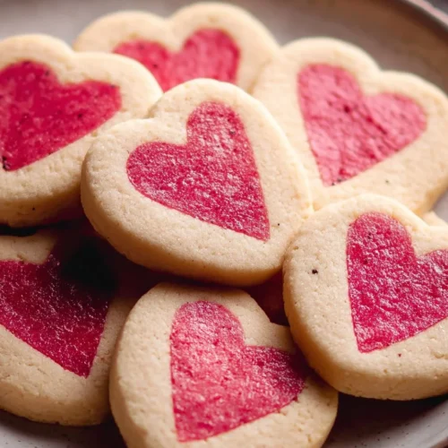 Freshly baked Slice and Bake Valentine's Day cookies decorated with love.