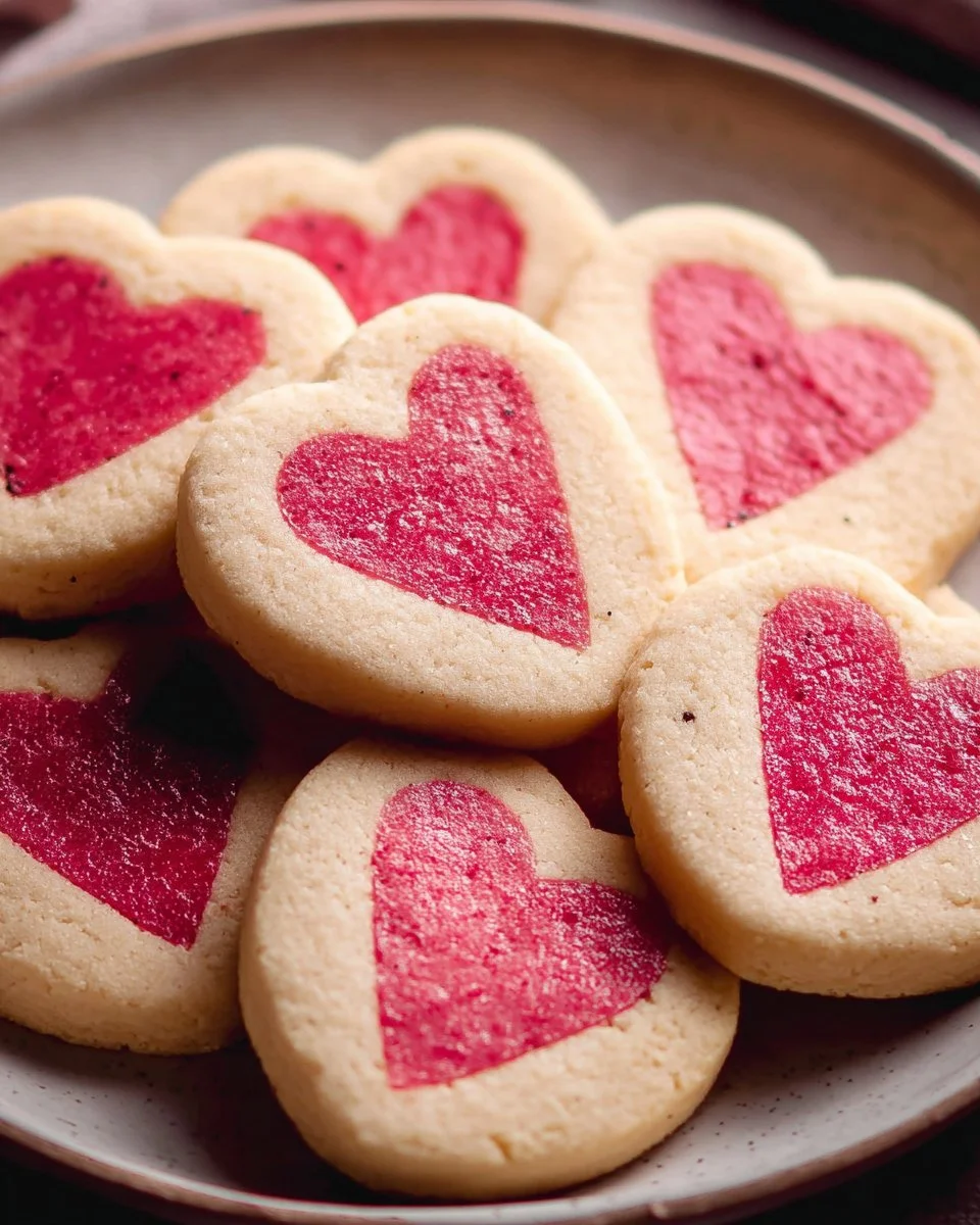 Freshly baked Slice and Bake Valentine's Day cookies decorated with love.