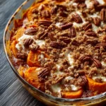 Delicious Southern Maple Sweet Potato Casserole topped with pecans