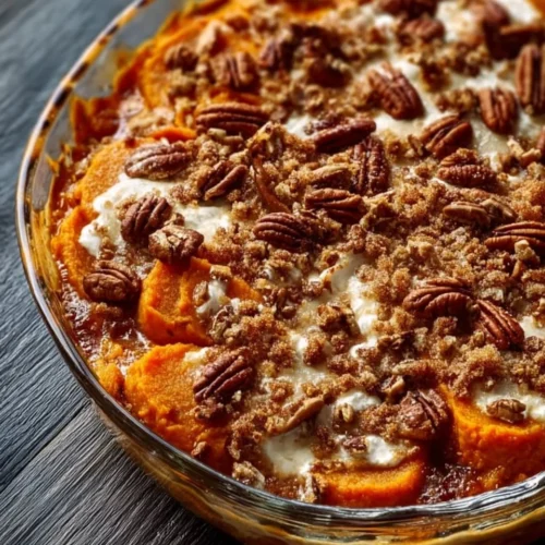 Delicious Southern Maple Sweet Potato Casserole topped with pecans