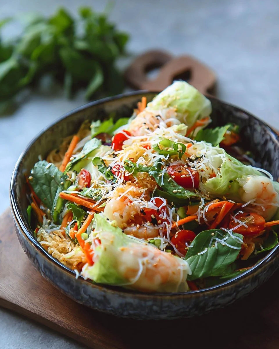Delicious spring roll salad topped with spicy ginger dressing.