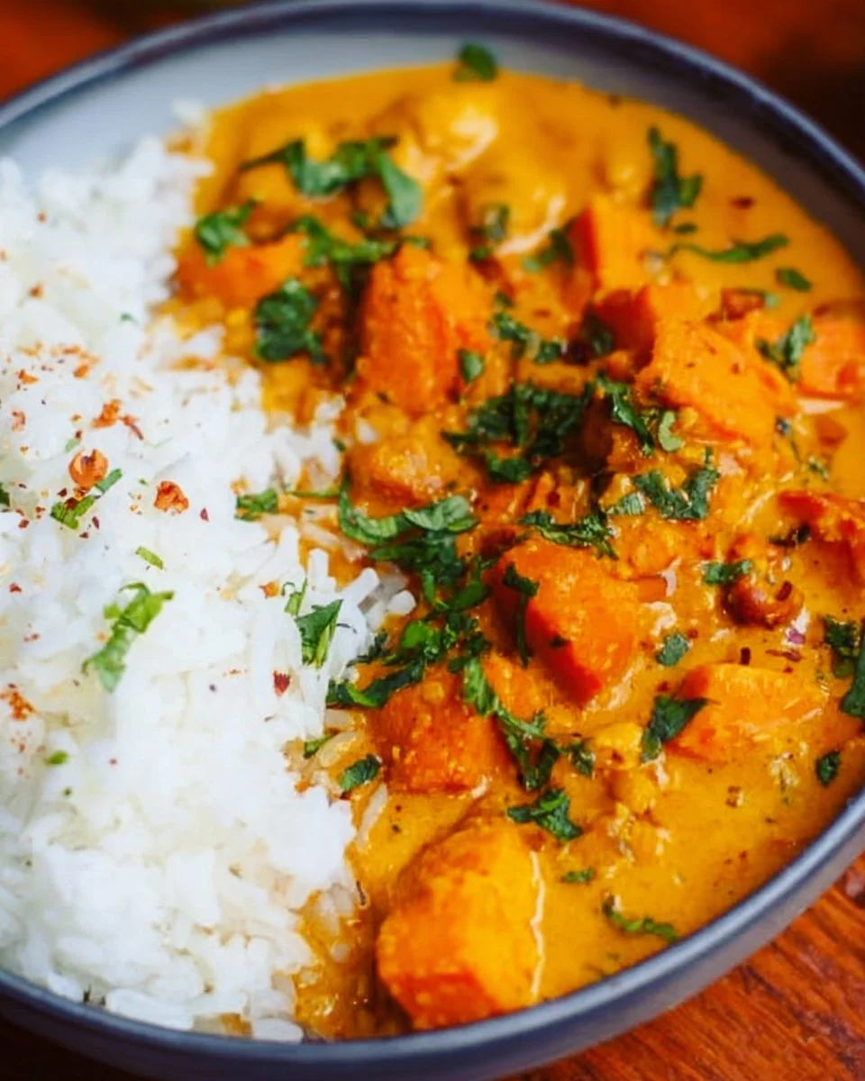 Homemade sweet potato curry served in a bowl with spices and herbs