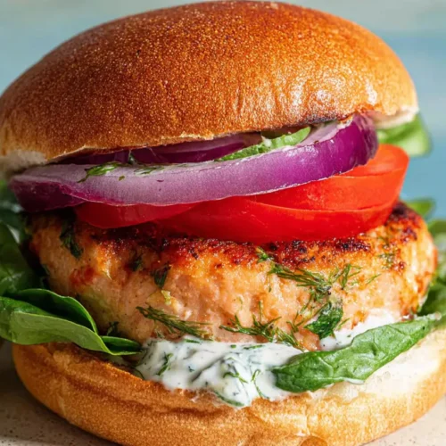 A close-up of two fresh salmon burgers with green toppings.