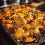 Delicious Tater Tot Sausage Breakfast Casserole served on a plate.