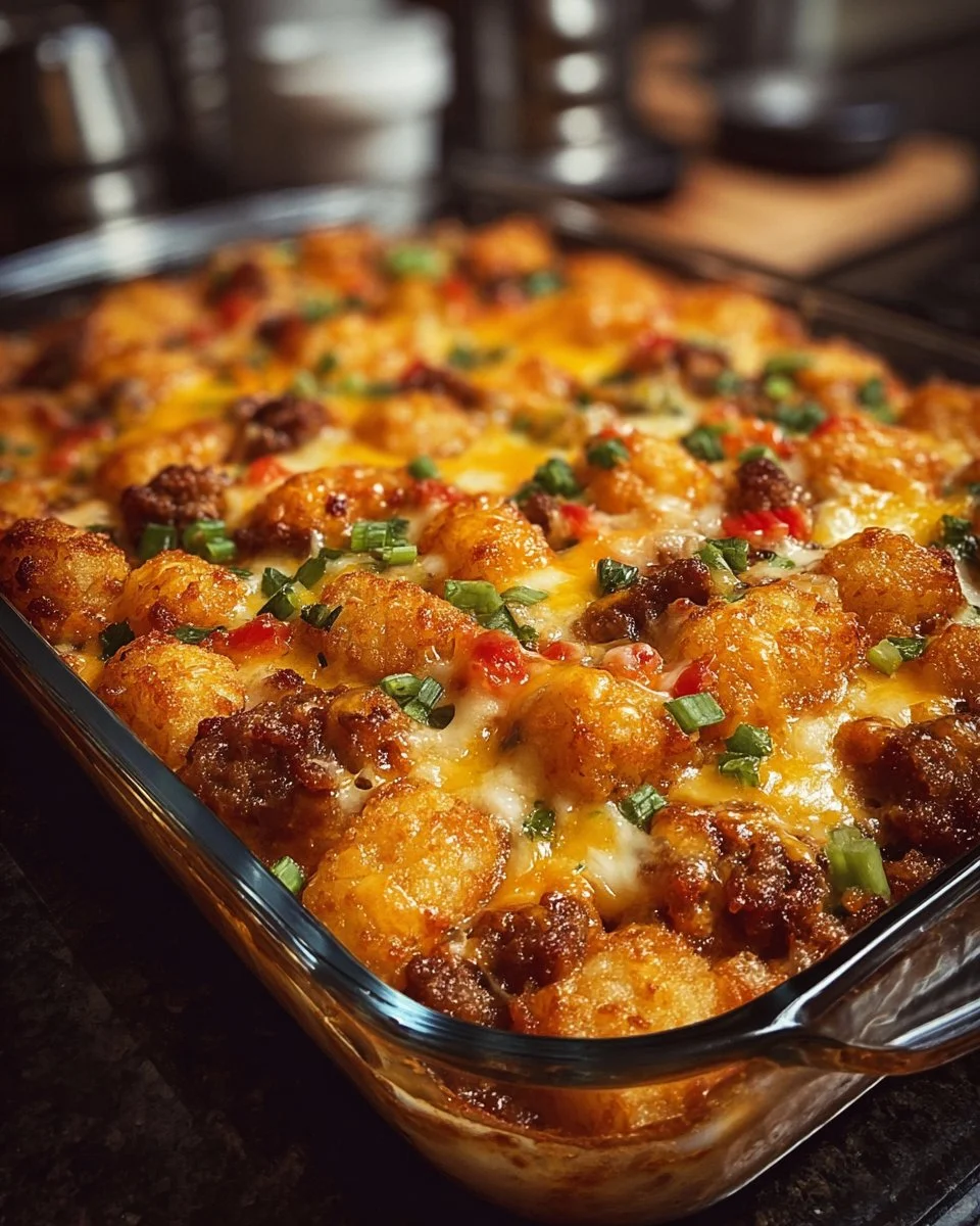 Delicious Tater Tot Sausage Breakfast Casserole served on a plate.