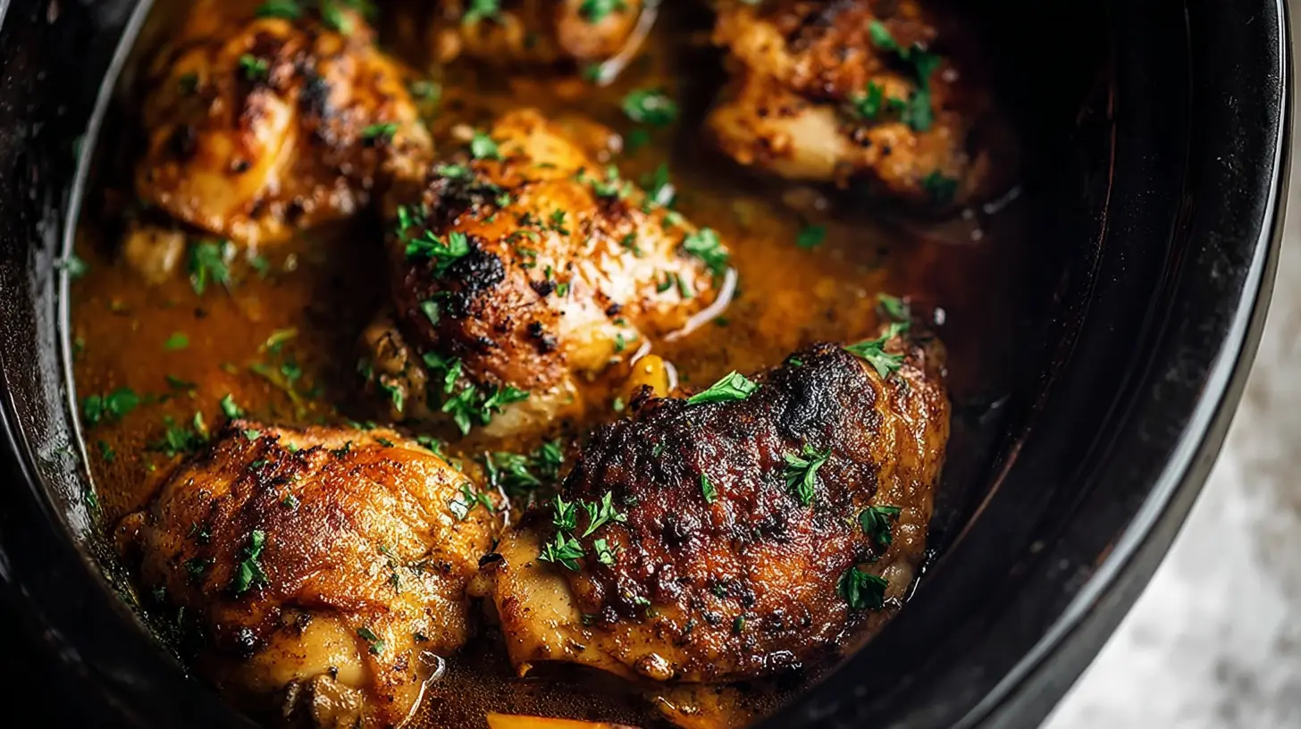 Tender Crockpot Chicken simmering in a large slow cooker.