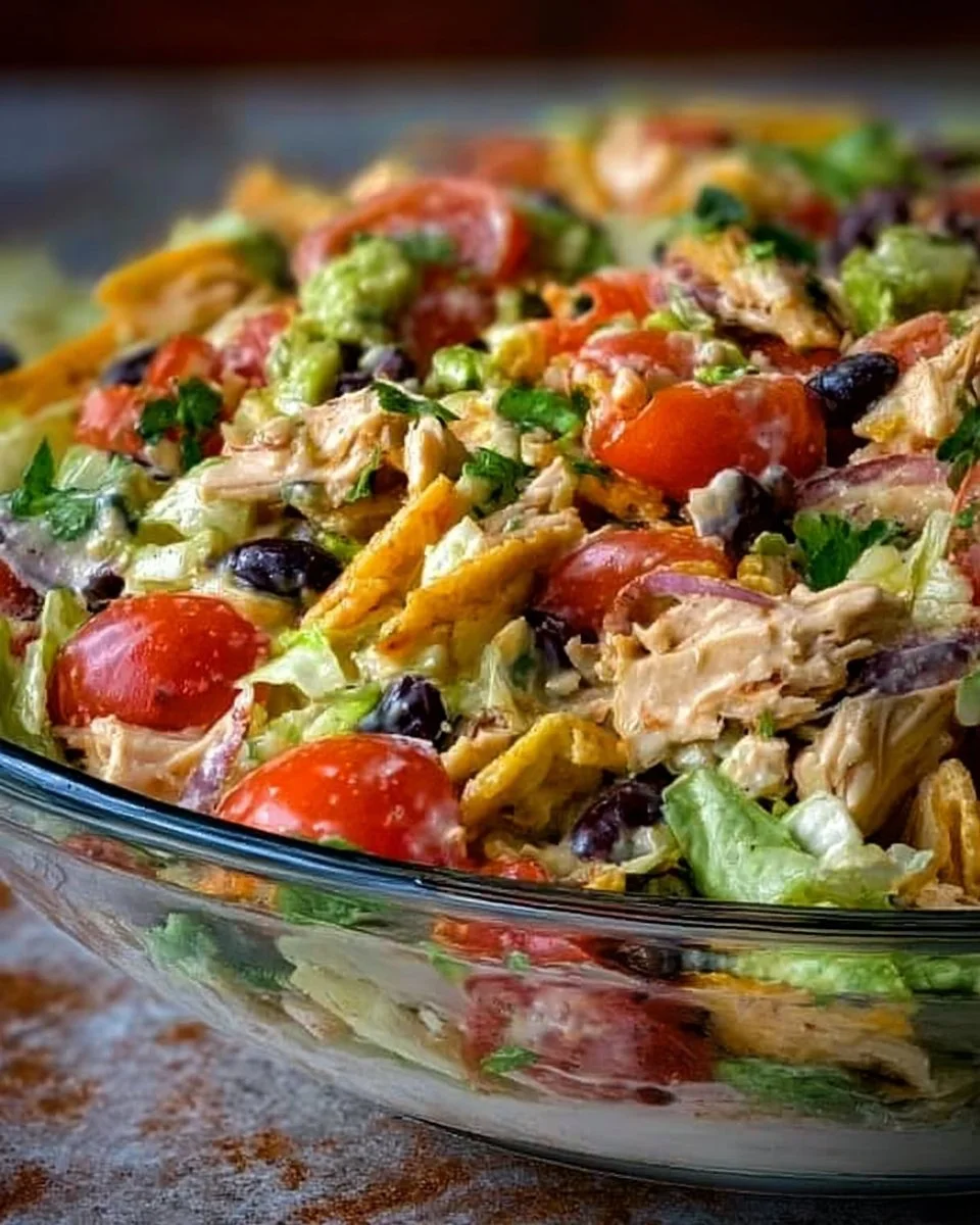A vibrant bowl of Tex-Mex chopped chicken salad with fresh ingredients