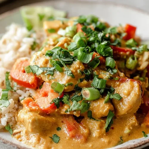 A dish of Thai peanut chicken garnished with fresh cilantro and crushed peanuts.