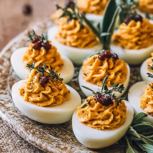 Festive Thanksgiving Deviled Eggs ready to be served at a holiday gathering