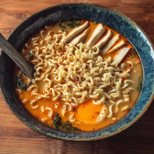 A delicious bowl of savory ramen soup with dumplings and fresh toppings.