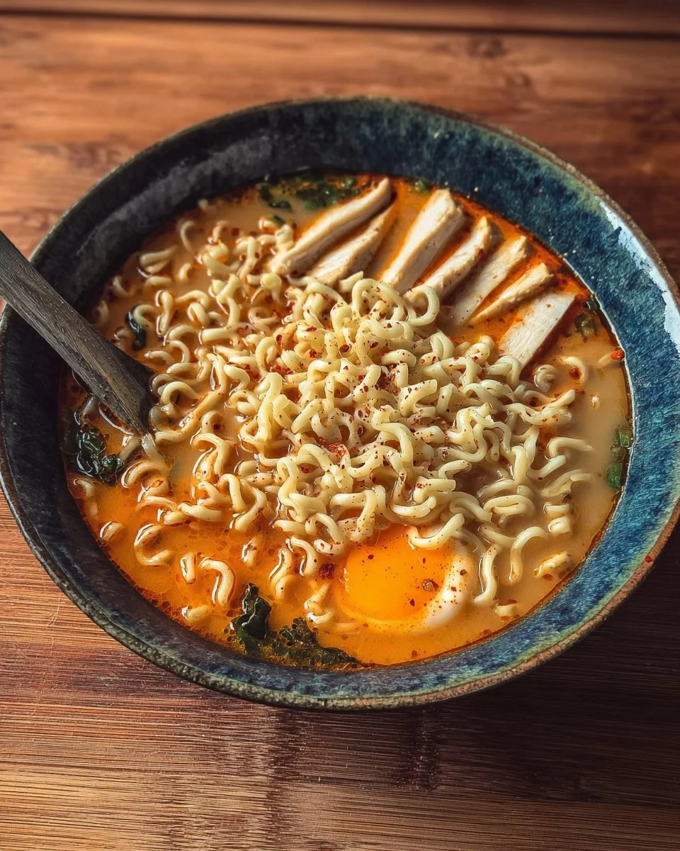 A delicious bowl of savory ramen soup with dumplings and fresh toppings.
